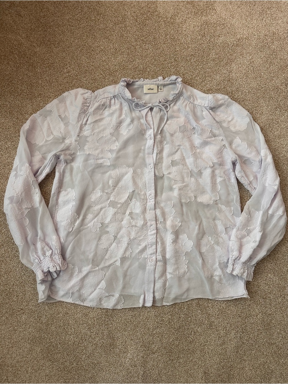 Aritzia Wilfred Alexis Blouse Ice Lavender Floral Burnout Chiffon Ruffle Small - Picture 7 of 13